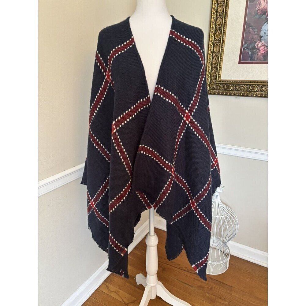 Lands End Womens One Size Blue Wool Blend Plaid Blanket Shawl Fringed